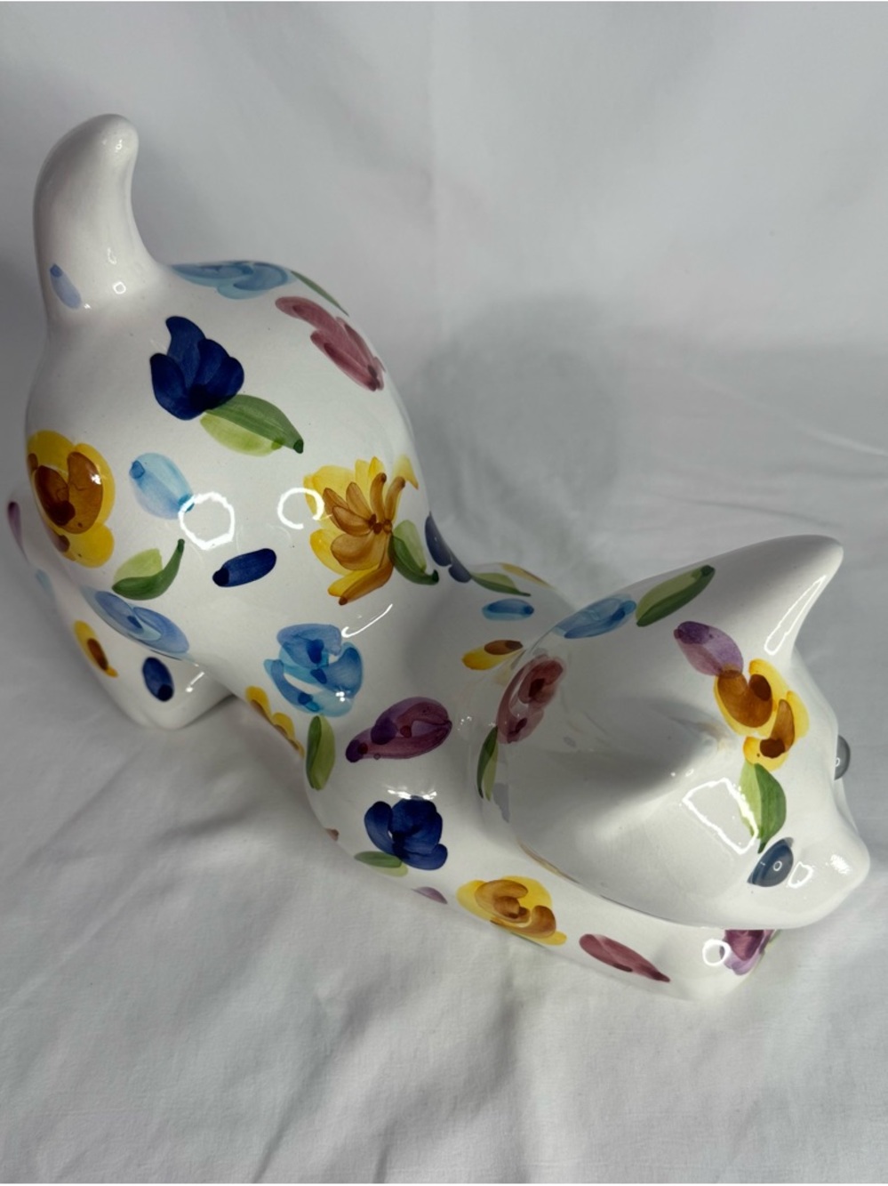 Vintage Floral Cat 10" Figurine Hand Painted Bright Blue Eyes Portugal Pottery - Picture 5 of 14